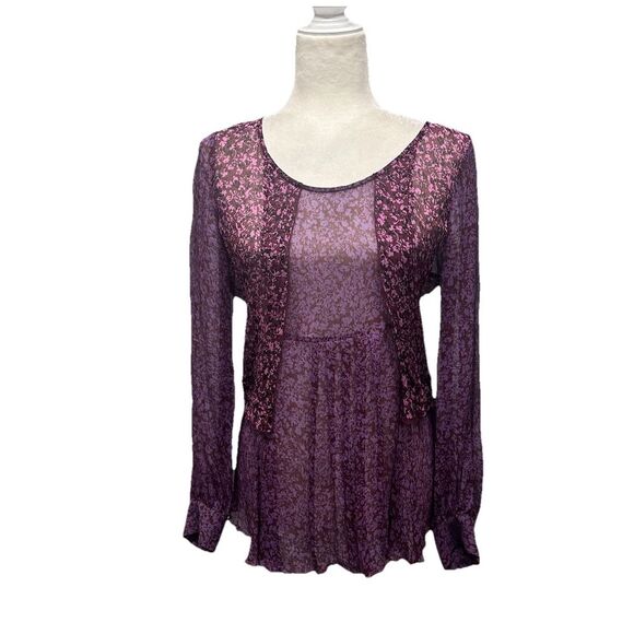 CAbi Tops - CAbi Tunic Sheer 100% Silk Chiffon Floral Bohemian Long Sleeve‎ Baby Doll Size S